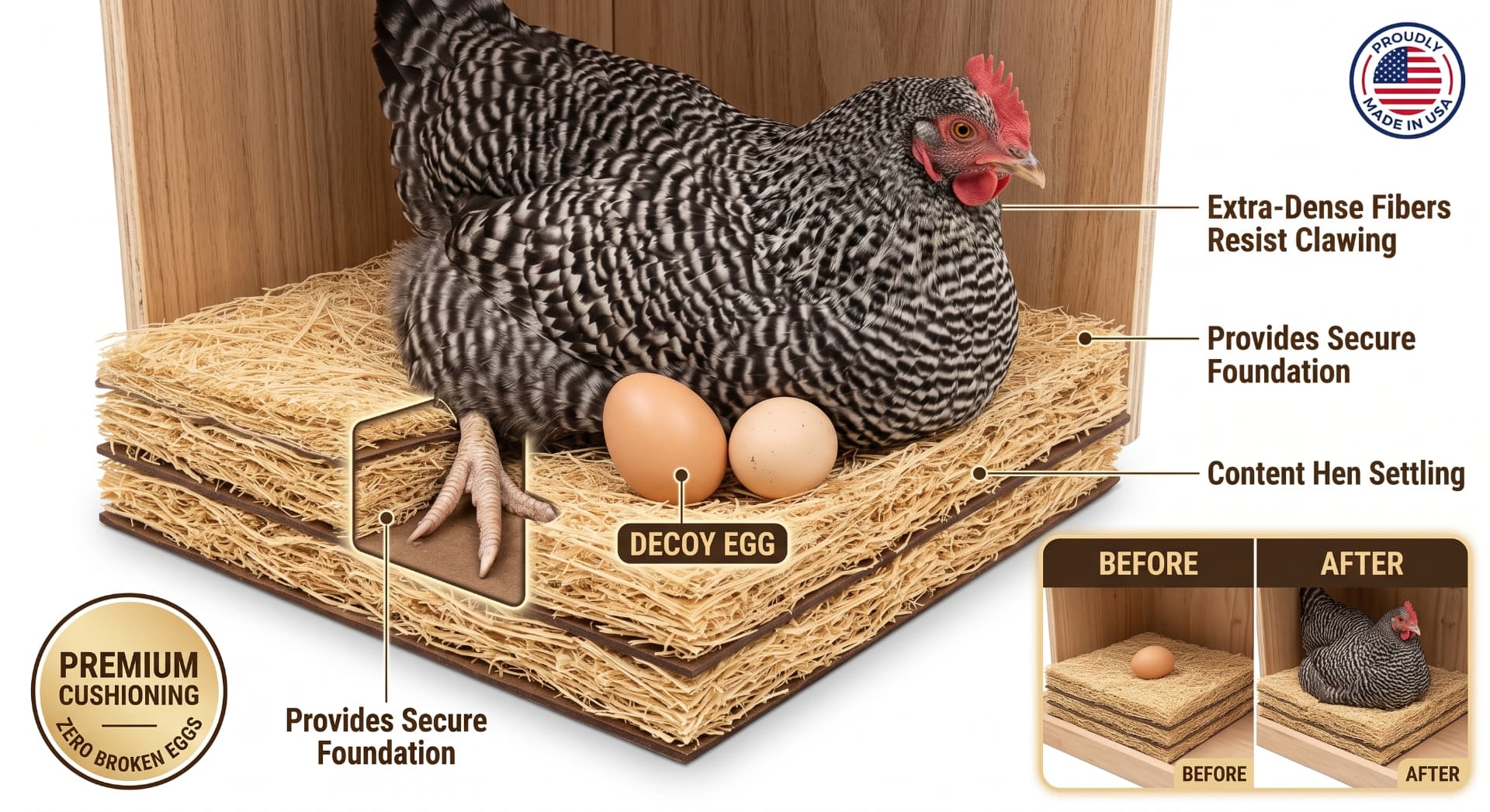 Hen settling on a Frenga hemp nesting pad with eggs in a nesting box