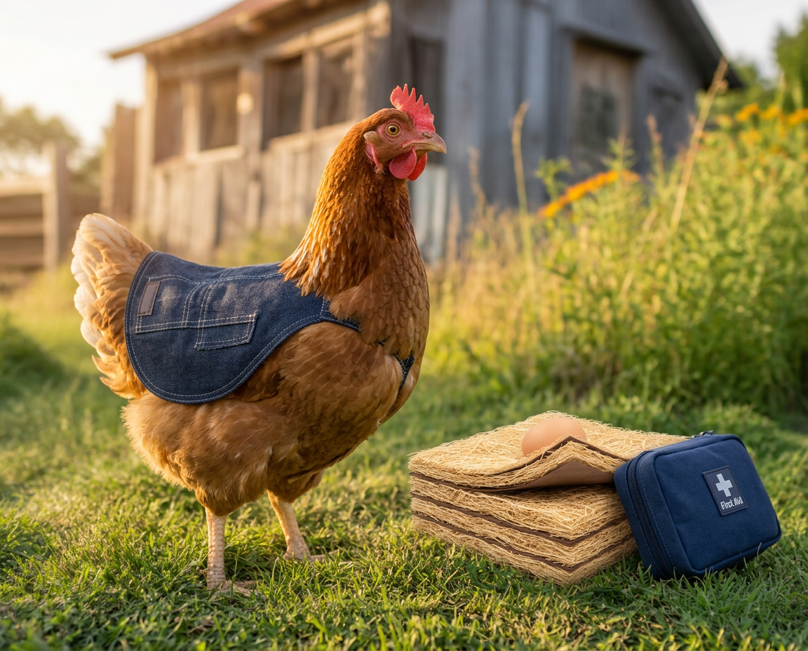 A hen in a denim Frenga saddle beside hemp nesting pads and the Frenga flock first aid kit