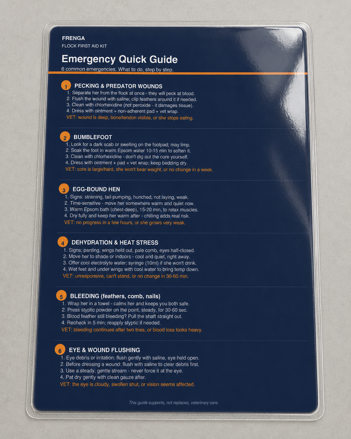 Laminated Frenga Emergency Quick Guide card showing step-by-step protocols for six common flock emergencies